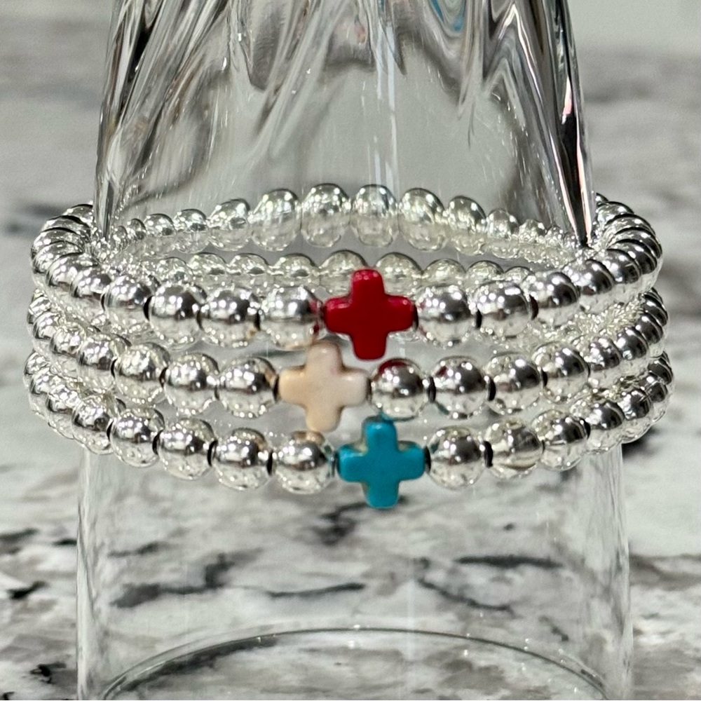 Hand Crafted Blue Turquoise Cross and Sterling Silver 6mm Bead Bracelet - Picture 3 of 10